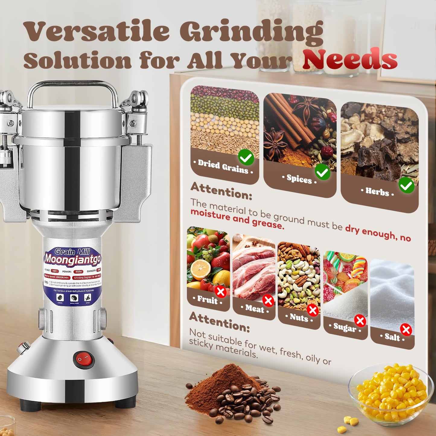 Moongiantgo Grain Mill Grinder Electric 150g Commercial Spice Grinder 850W Stainless Steel Pulverizer Dry Grinding Machine for Wheat Corn Rice Pepper Herbs Coffee Beans (150g Upright, 110V)