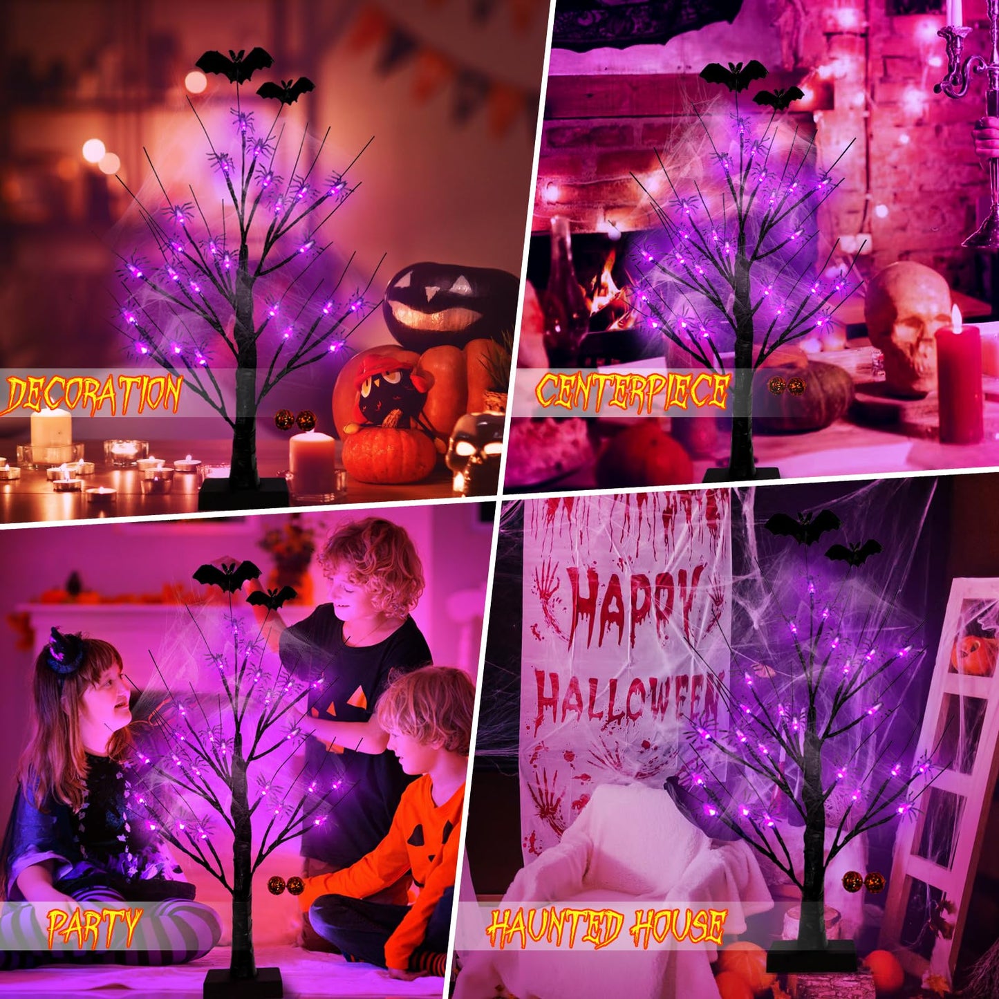 Halloween Decorations Indoor Spider Lights Tree, 2Ft Black Spooky Tree with Spider,Web,Bat and Pumpkin Bell Halloween Tree Decorations,Battery and USB Halloween Black Tree for Home Mantel Easter Decor