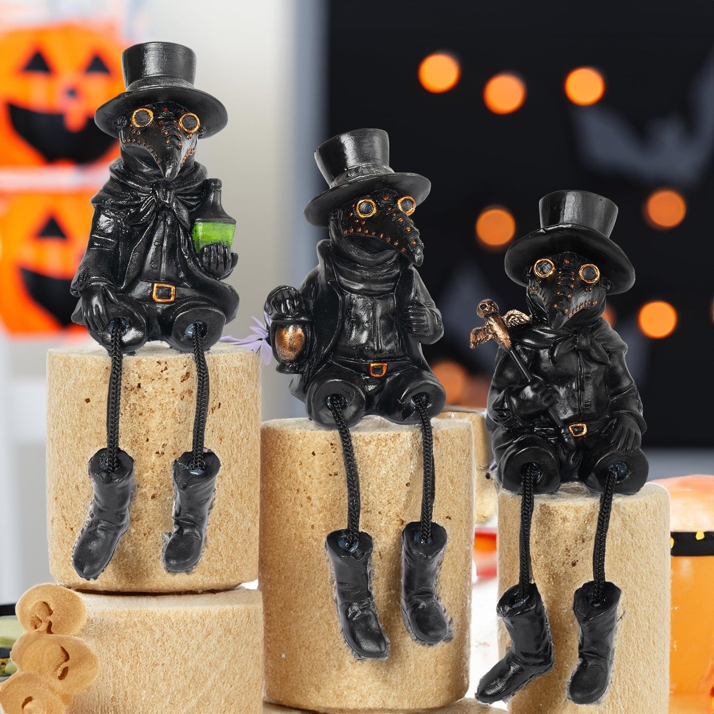 Dazzle Bright 3 Pcs Halloween Plague Doctor with Dangling Legs Figurines Decoration, Resin Gothic Scary Crow Table Fireplace Shelf Sitting Figurines Party Ornament Gifts for Indoor Home Decor