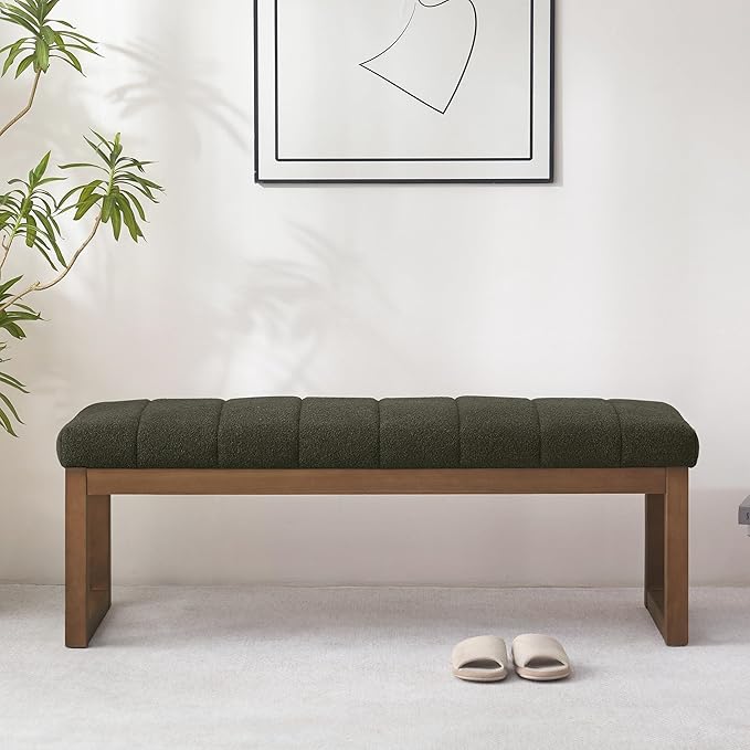 52.7" Bedroom Bench for End of Bed, Modern Upholstered Teddy Fabric Entryway Bench & Dining Bench, Footrest Stool Bench with Solid Wood Frame for Bedroom, Living Room (Green)