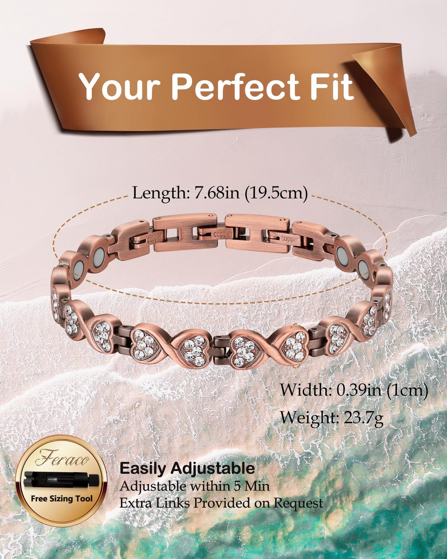 Feraco Copper Bracelet for Women Hand Forged 99.99% Solid Pure Copper Magnetic Bracelets with Pro Neodymium Magnets (Infinite Symbol Zirconia)
