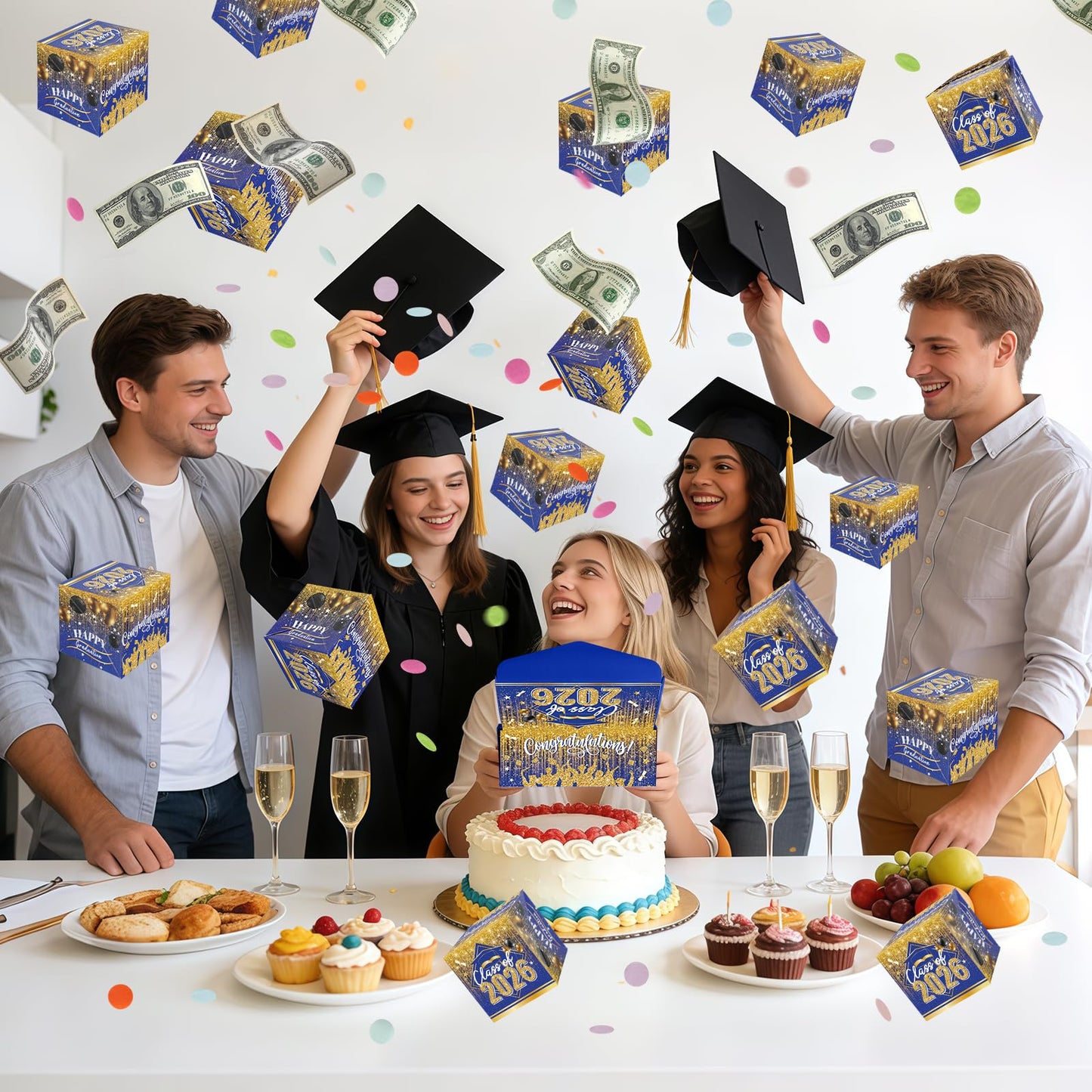 Sereliy Graduation Exploding Money Gift Boxes for Cash, 12 Pack Pop Up Surprise Money Box with Confetti, Blue Gold Graduation Explosion Gift Box for Cash Giving Class of 2026