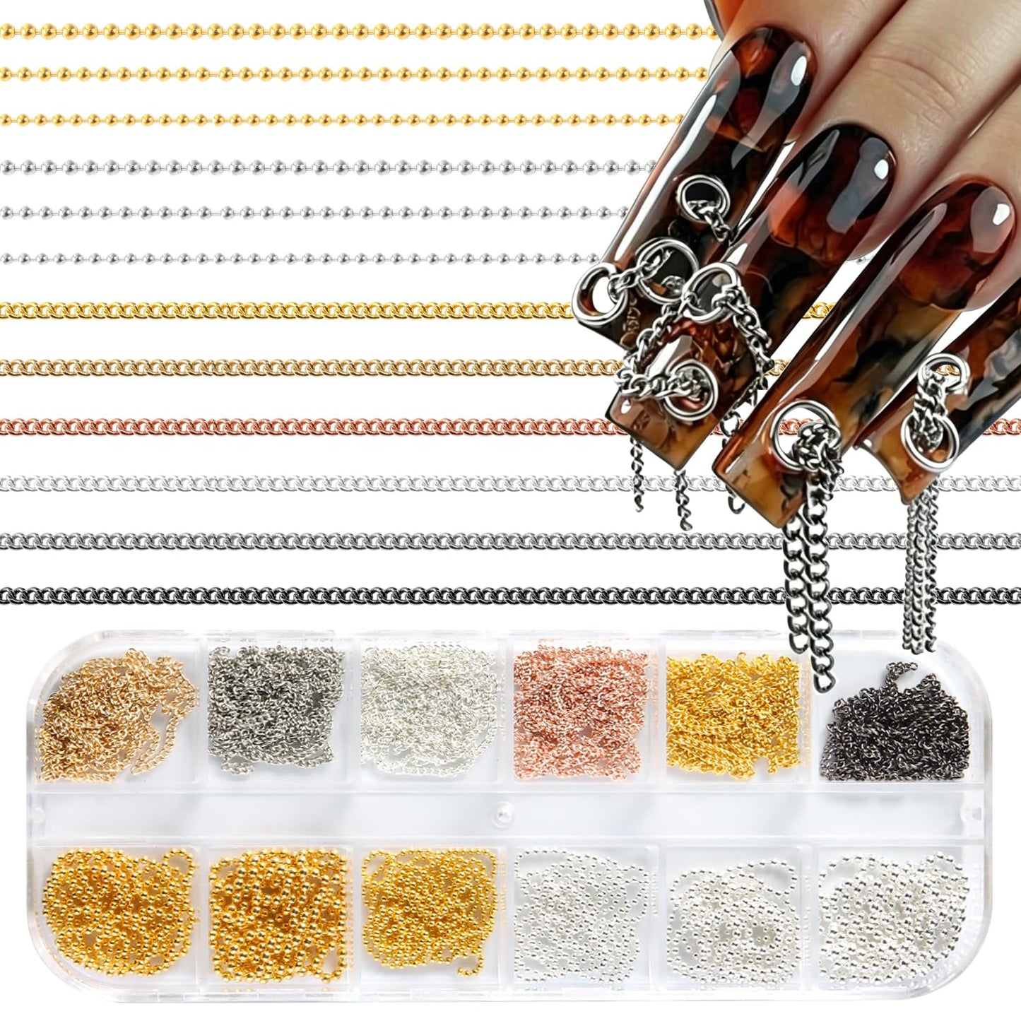 Furtherpretty 3D Chain Nail Charms Set, 12 Strips Rose Gold Silver Metal Bead Chains for Nails, Y2K Gothic Punk Dangle Nail Charms Piercing Decorations Accessories for DIY Home Manicure Supplies