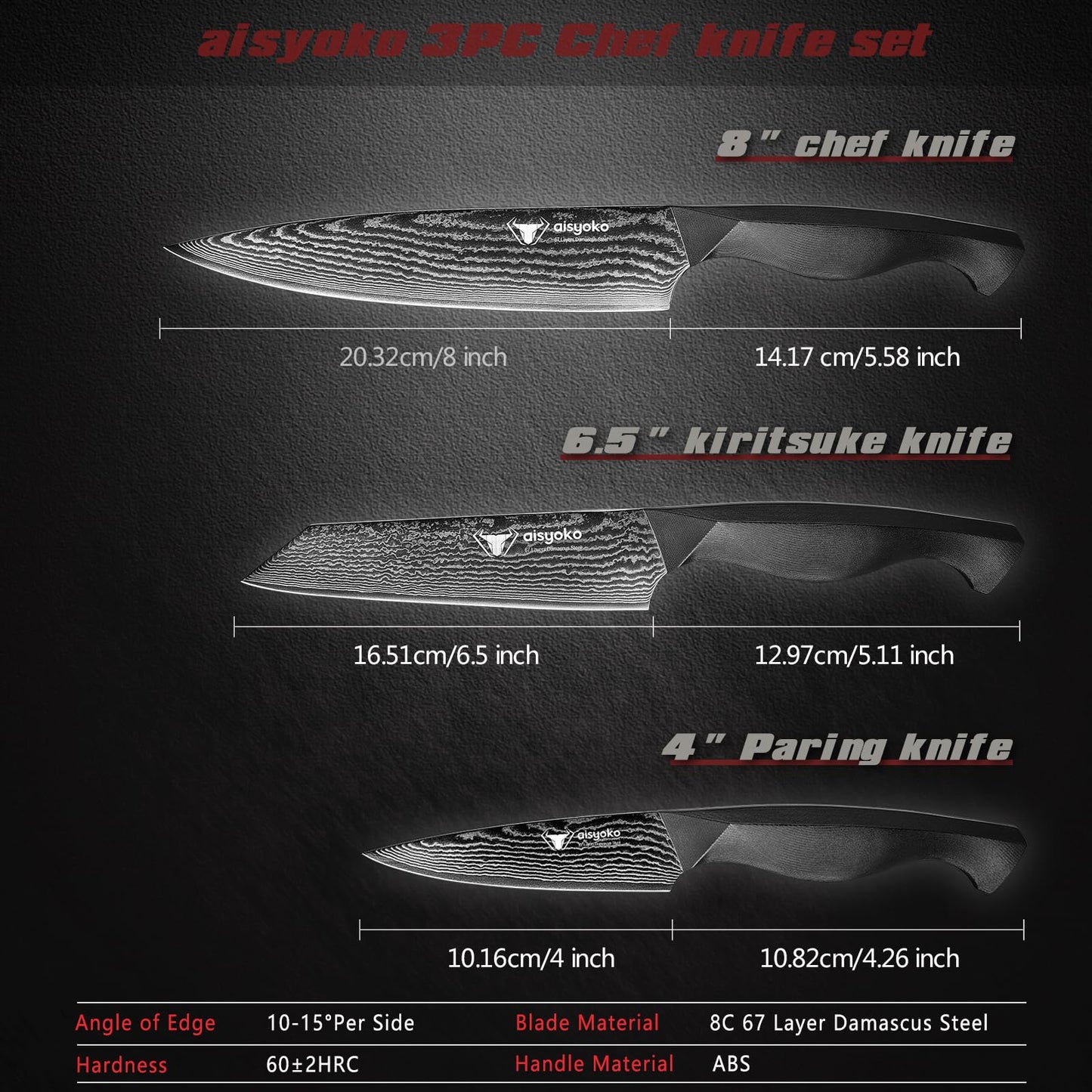Aisyoko 8C Damascus Knife Set - 3PC Chef's Knife, Kitchen and Paring Knives, High Carbon Stainless Steel, Ergonomic Full Tang ABS Anti-Skid Handle