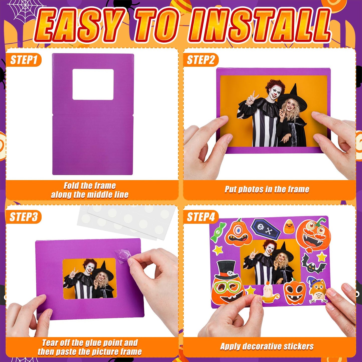 Qunclay 96 Pcs Halloween Picture Frame Craft Pumpkin Make a Face Stickers Picture Frames DIY Photo Frame Craft Classroom Home Game Activities Holiday Gift