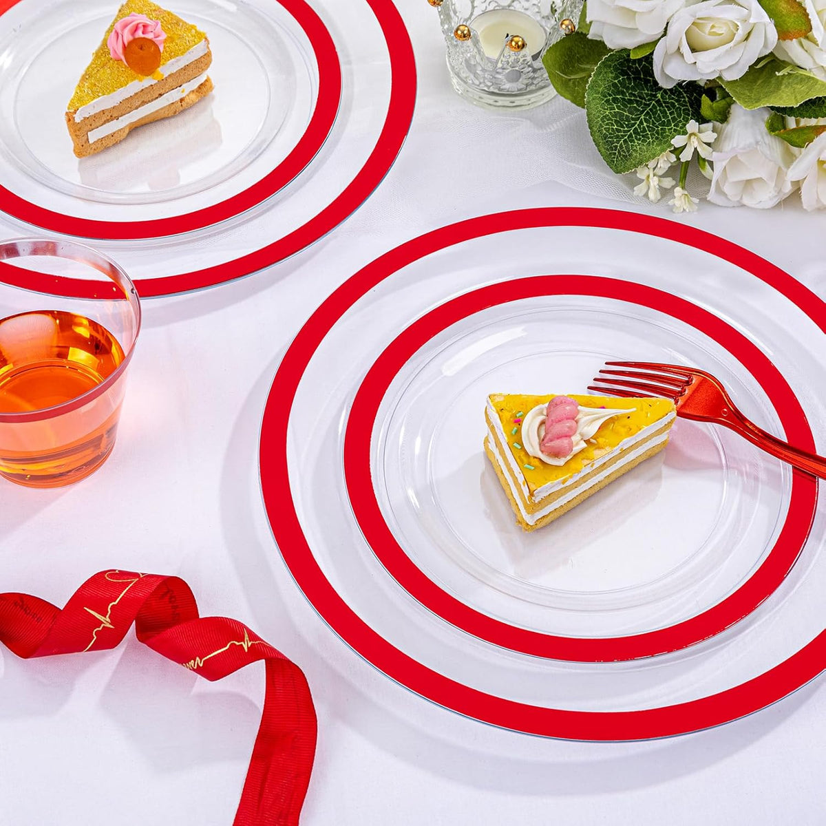 I00000 210 Pcs Red Dinnerware Set,Clear and Red Plastic Plates Include 30 Dinner Plates, 30 Dessert Plates,30 Cups,30 Rolled Napkins with Plastic Cutlery for Romantic Dinner, Christmas Party Supplies