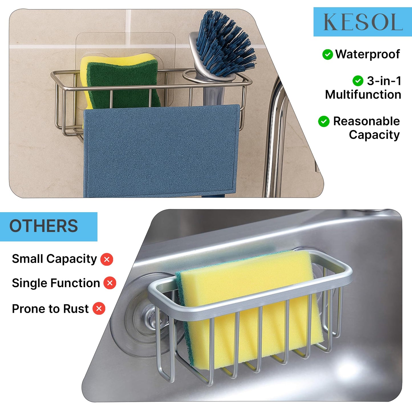 KESOL RustProof Sponge Holder Caddy for Kitchen, Stainless Steel Organizer, Brush Holder, 304 Accessories, Suction Cup + Adhesive