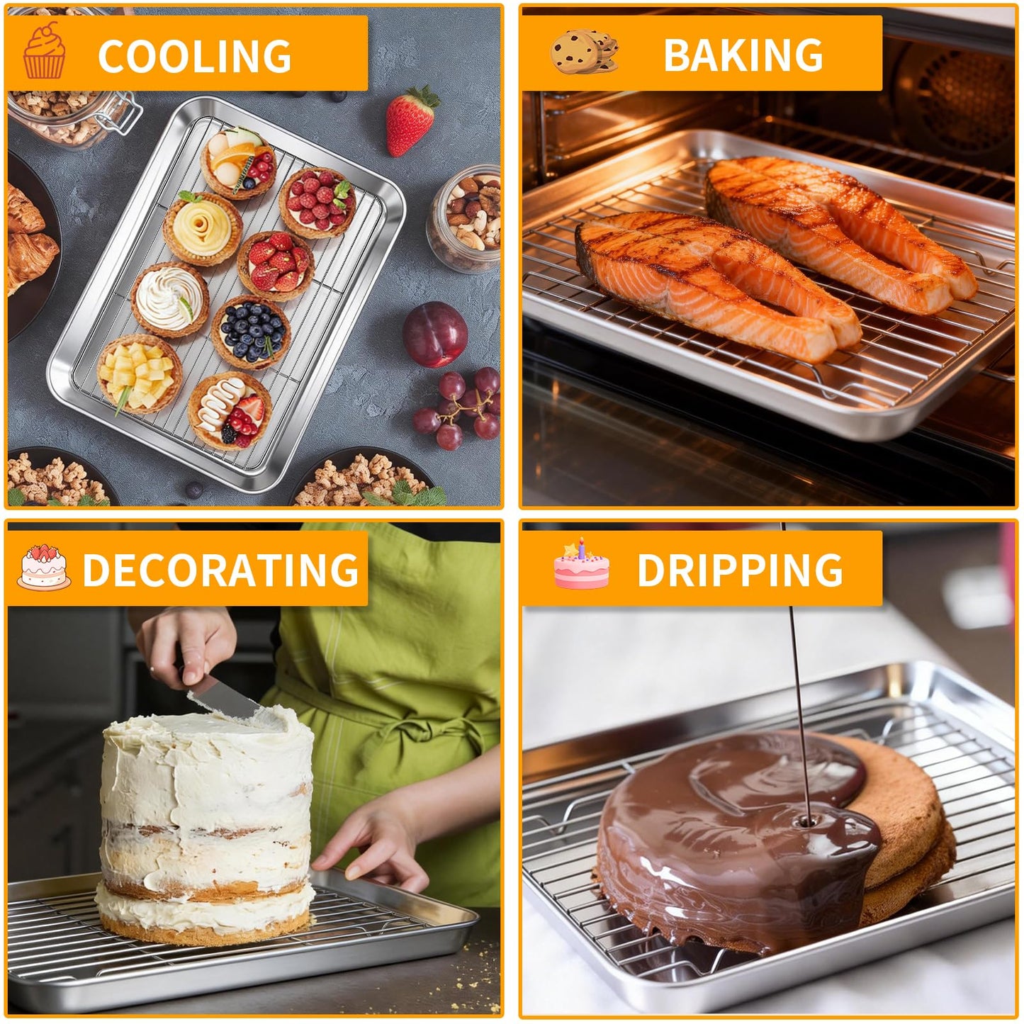 Baking Sheet Pan Set of 8, CEKEE Stainless Steel Cookie Sheets for Baking with Cooling Rack, Small/Quarter/Jelly Roll Pans, 9/10/12/16 Inch, 0.8mm Thick Heavy Duty & Non Toxic & Easy Clean