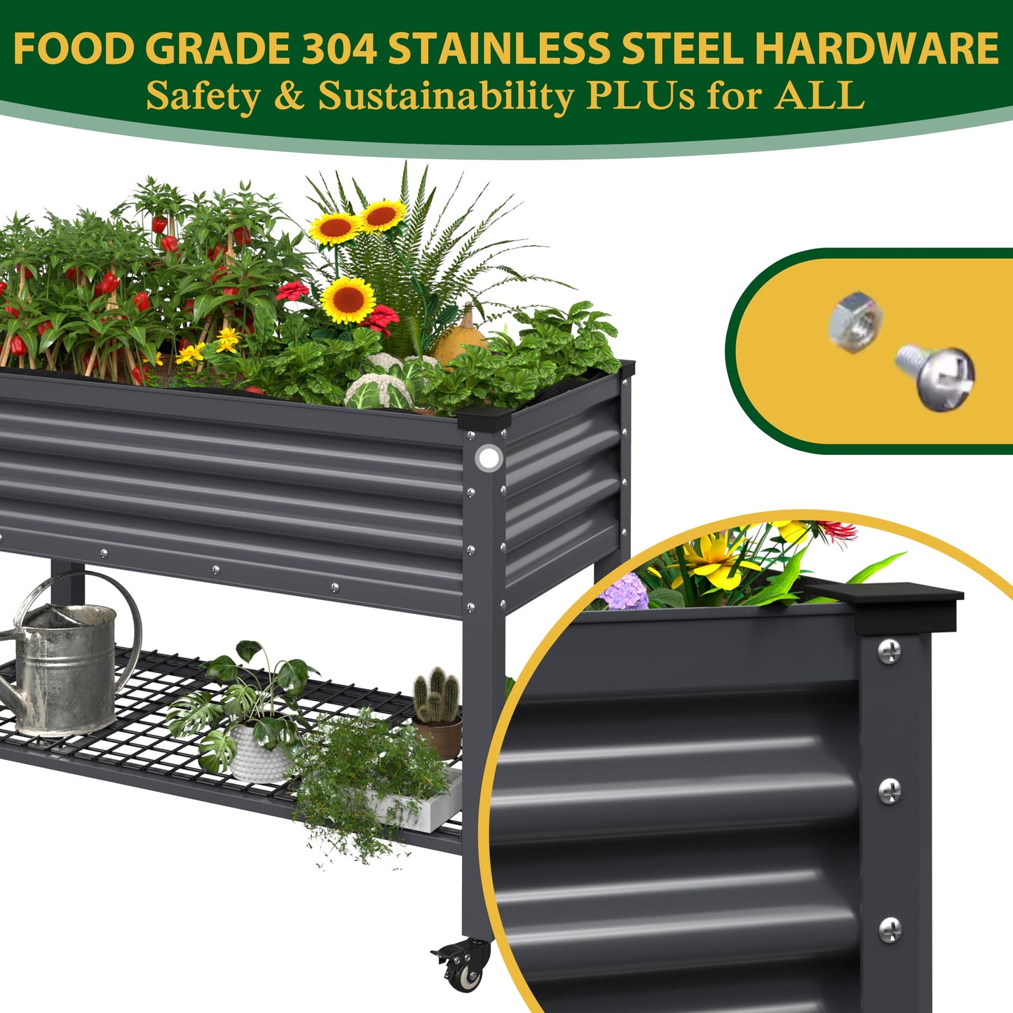 BlueWish 48" W x 24" D x 34" H Outdoor Galvanized Garden Bed, Elevate Raised Bed with Detachable Black Liner, Rolling Casters, Storage Shelf, Planter Boxes for Gardening, Vegetable, Flower, Grey