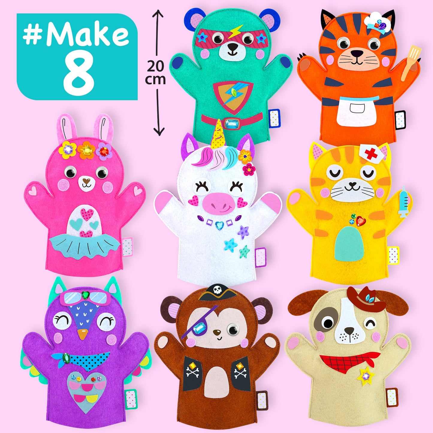 EZCRA Unicorn Hand Puppet Making Kit for Kids Age 5-8 - DIY Puppet Making Craft Kit - Creative Arts & Crafts Set, Educational Gift - Pretend Play Toys - 8 Projects, Extra Stickers for Decoration
