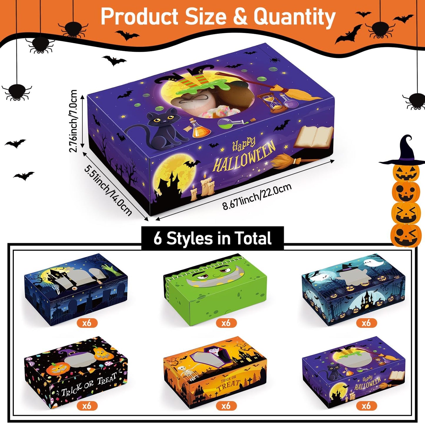 Pasimy 36 Pcs Halloween Cookie Boxes with Window 8.7 x 5.5 x 2.8 Inch Halloween Treat Boxes Bulk Cupcake Candy Dessert Containers for Bakery Pastry Packaging Supplies