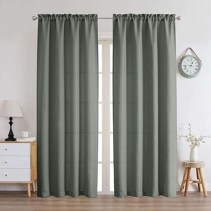 Chyhomenyc Olive Green Curtains 72 Inch Length 2 Panels Set, Faux Linen Textured Semi Sheer Light Filtering Soft Airy Privacy Farmhouse Curtain Drapes for Living Room Bedroom, 40 Wx72 L Inches
