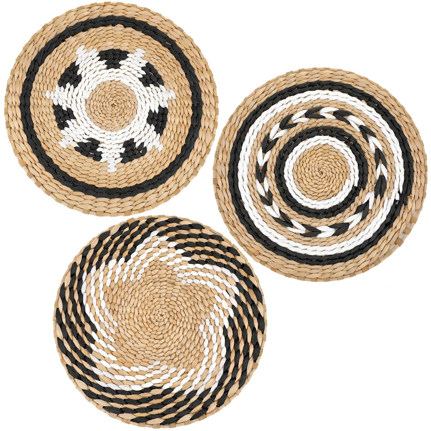 Glenmal 3 Pcs Boho Wall Basket Decor Decorative Bulrush Woven Basket Wall Decor Art Farmhouse Handmade Hanging Baskets with African Design for Living Room Display Table Settings Kitchen Home(Vivid)