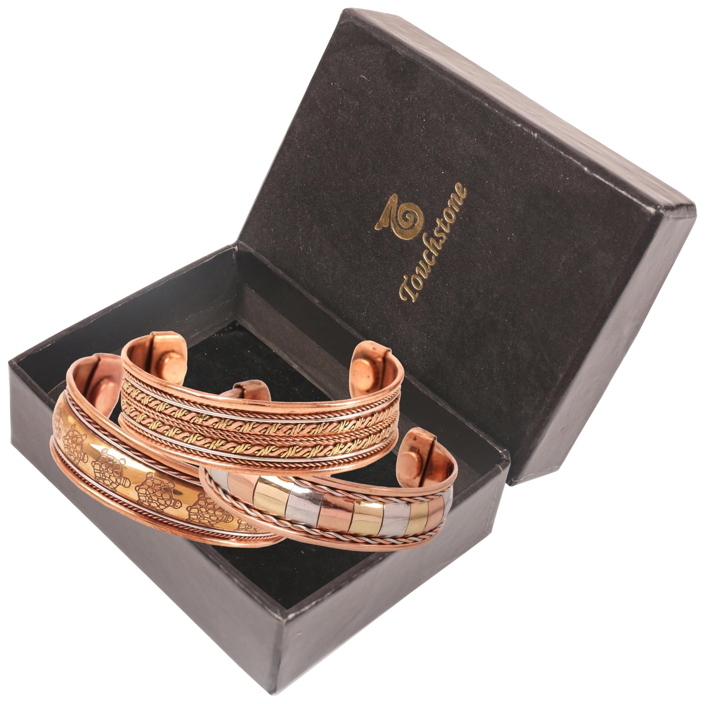 Touchstone copper bracelets | gift for men women |adjustable 100% pure solid real magnetic jewelry | handmade bracelet set combo | rope braided tibetan bangles. Set of 3 different designs
