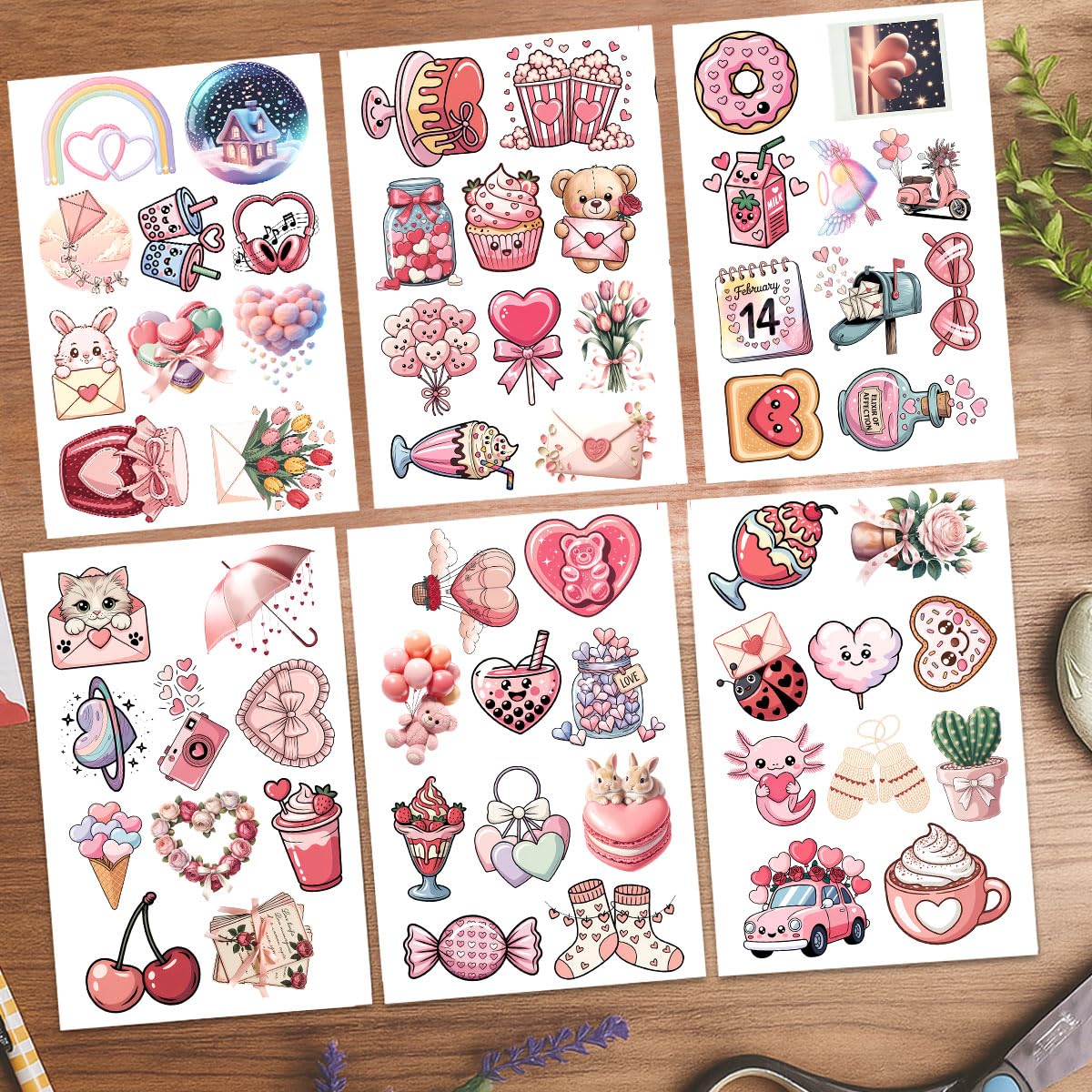 60 Pcs Cute Kawaii Valentine Stickers Pack – Romantic Love Heart, Donut, Bear & Cupcake Vinyl Decals for Water Bottles, Laptops, Journals & Gift Wrapping, Aesthetic Pink Love Stickers Set (Valentine3)