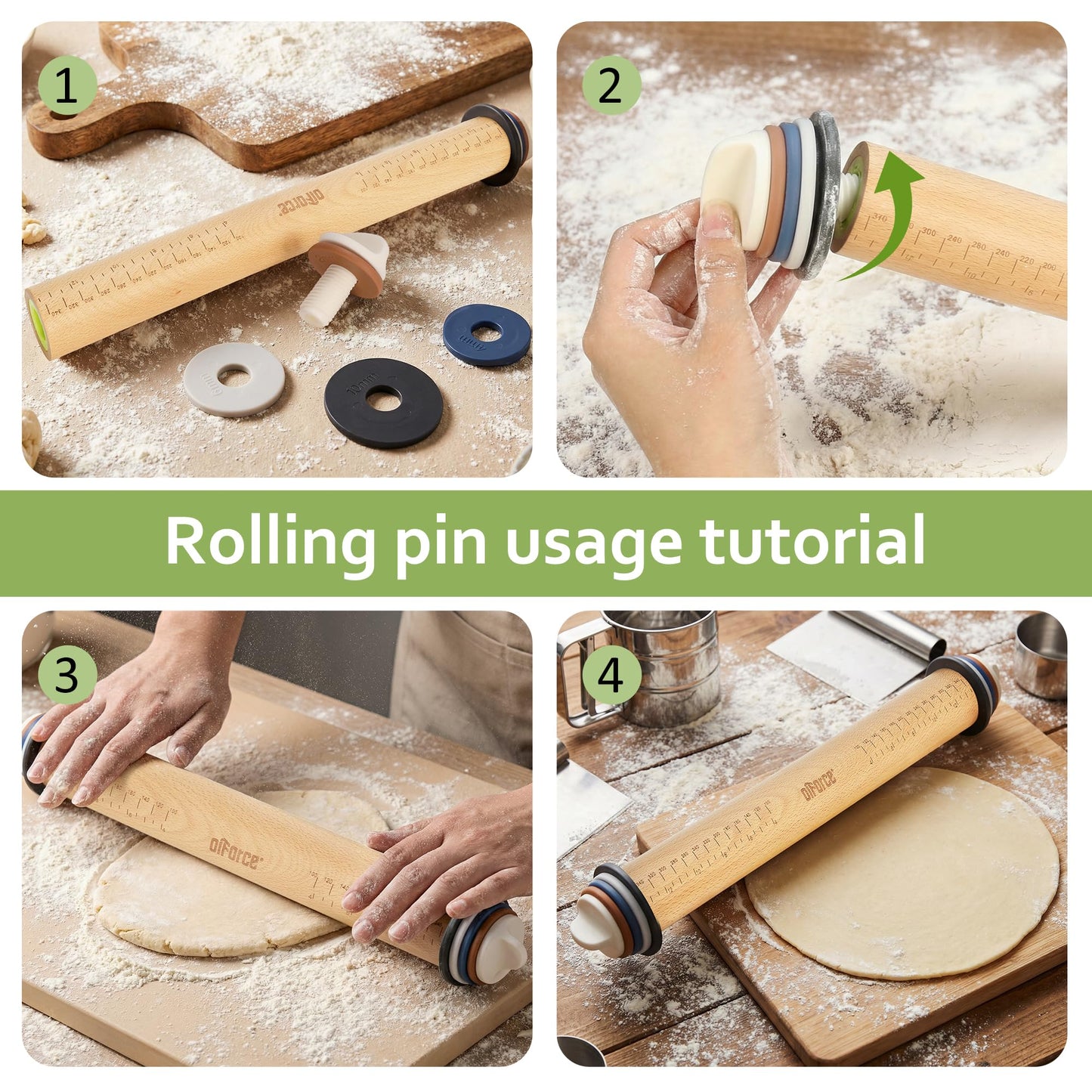 Oiforce Rolling Pin with Adjustable Thickness Rings, Wooden Rolling Pin for Baking, 13.6" Precise Dough Roller for Baking Fondant, Pizza, Pie, Pastry, Pasta, Cookies and More