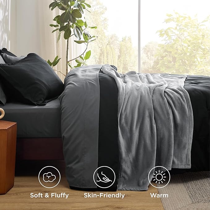 Bedsure Full Comforter Set Black, 8 Pieces Prewashed Full Size Bed in a Bag with Soft Fleece Bed Blanket, Down Alternative Bedding Set for All Seasons, Sheets, Pillowcases & Shams