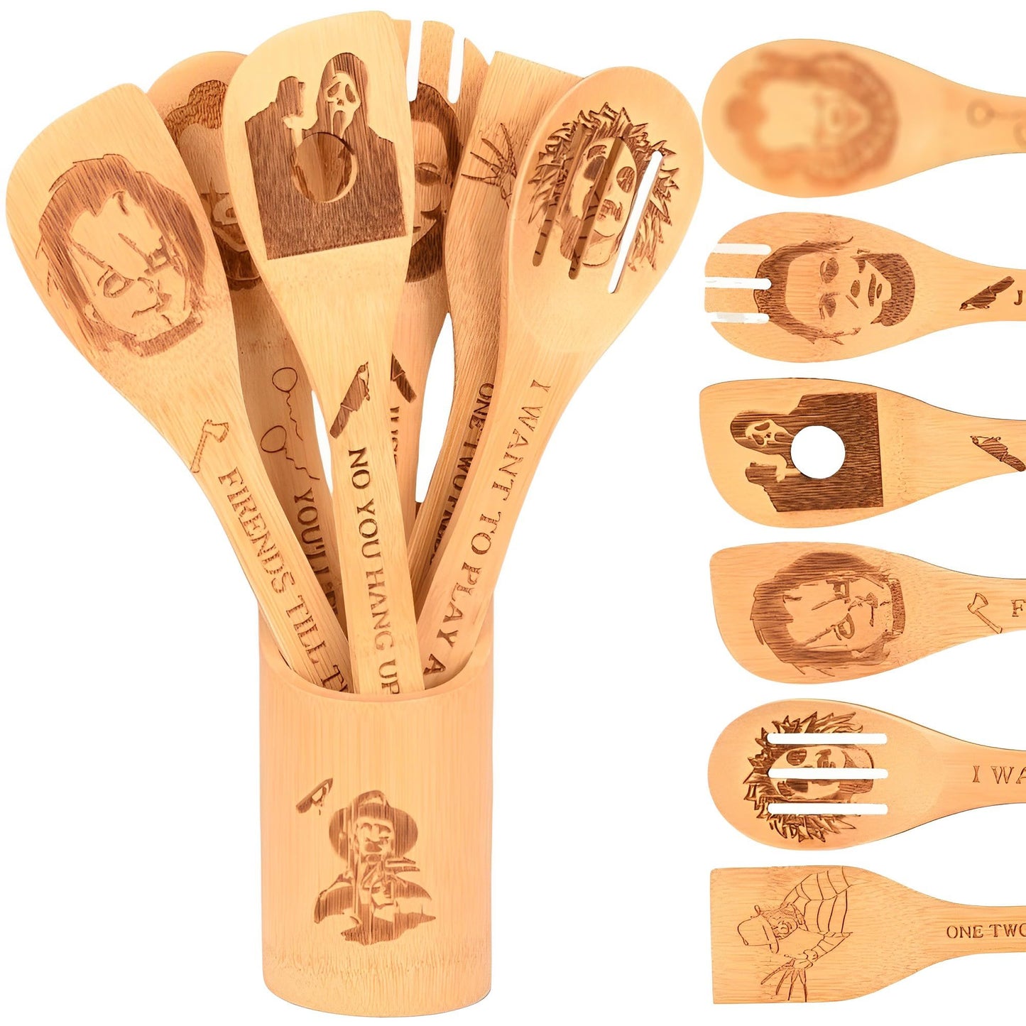 Halloween Bamboo Spoons Set of 7 - Engraved Spooky Wooden Utensils with Holder, Kitchen Decor Gift for Halloween Party Christmas