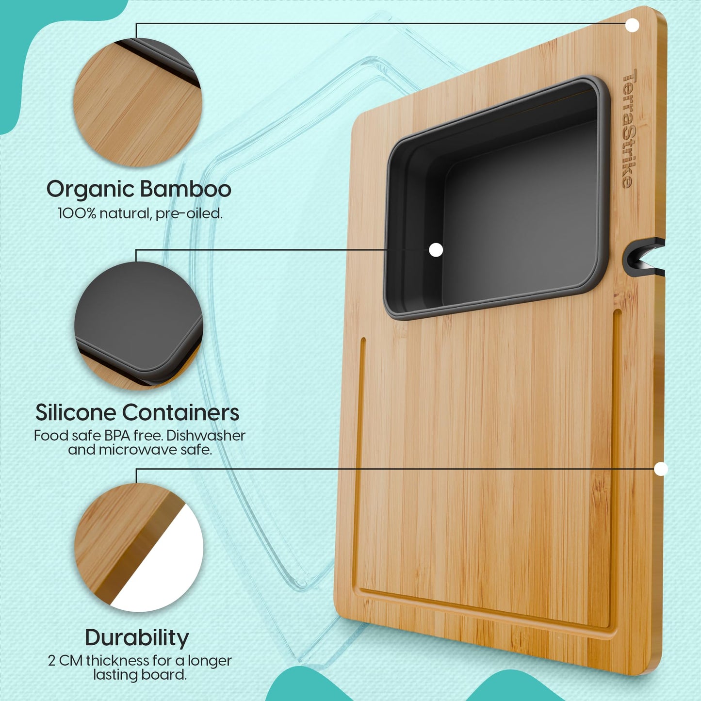 TerraStrike Bamboo Cutting Board Set with Knife Sharpener – Thick Wood Boards with Juice Groove, Silicone Container & Handles Non-Toxic Over Sink Design Ideal Kitchen Gifts