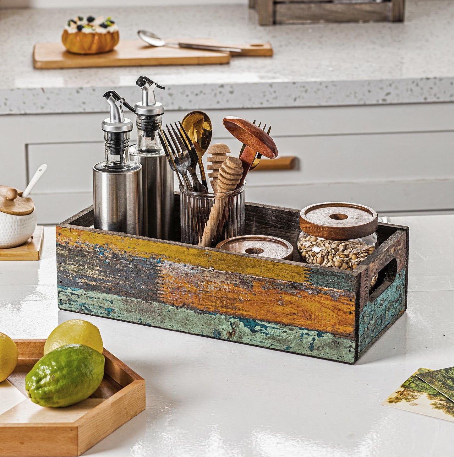 TIMRIS Farmhouse Distressed Wooden Storage Box, Rustic Bathroom Decor Box, Decorative Toilet Tank Basket Nice Butt, Solid Reclaimed Wood Organizer Box with Handles (Random)