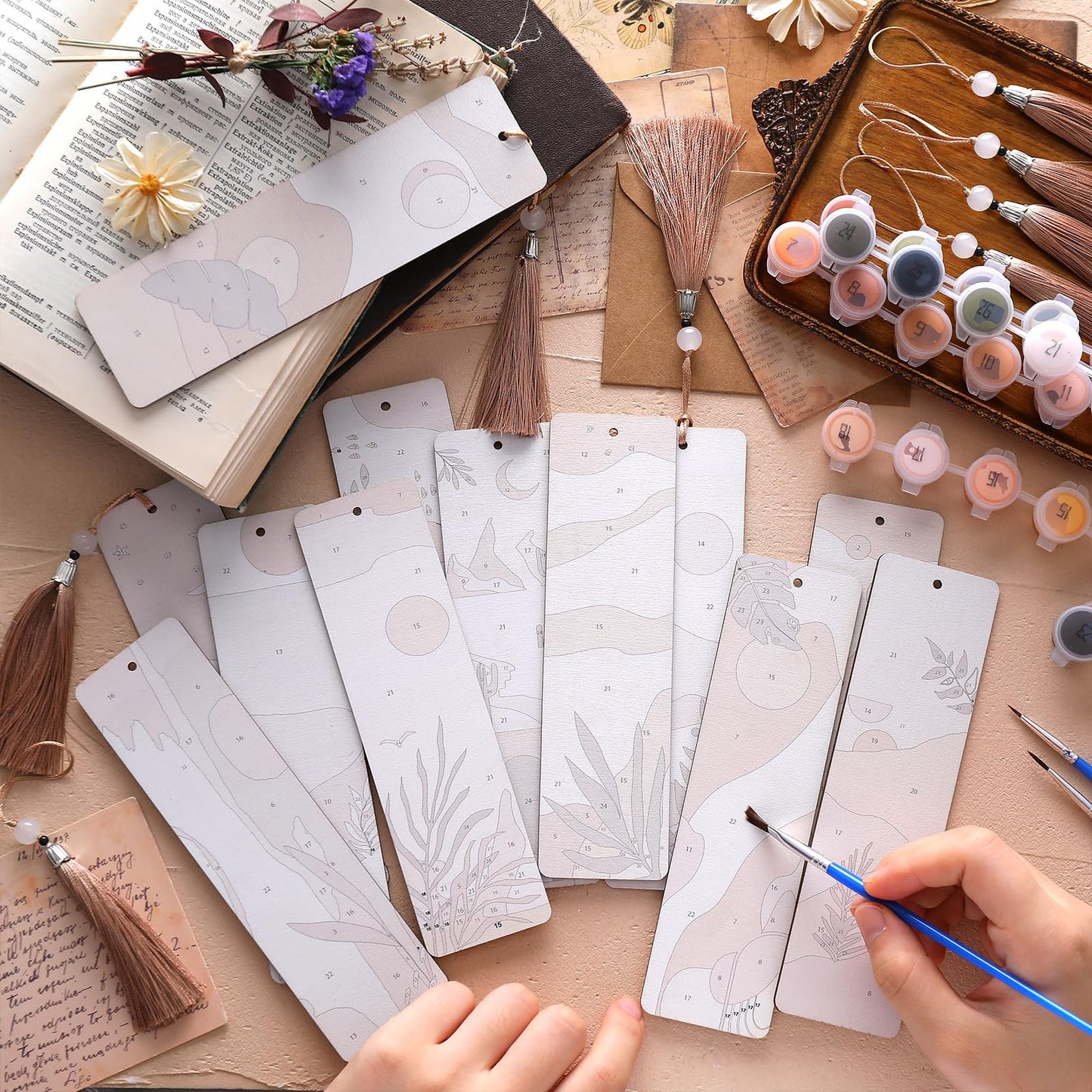 Kosiz 12 Pcs Boho Paint by Numbers Kit for Adults Wood Bookmark Painting Decor Mini Paint by Numbers Kit Tassels Blank Bookmarks Craft for Small DIY Book Lovers Gift 7x2 ''