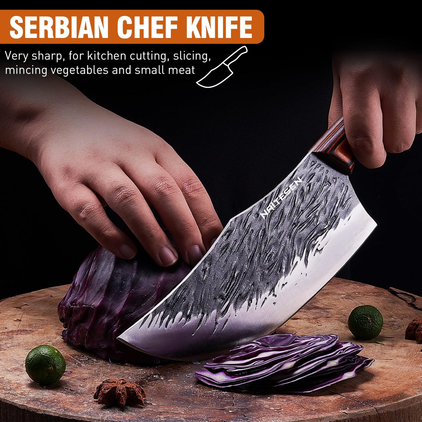 Naitesen 4PCS Hand Forged Butcher Knife and Kitchen Knife 2 in 1 Set, Heavy Duty Meat Cleaver Serbian Chef Knife Breaking Knife Boning Knife for Meat Cutting BBQ Gifts for Men Women