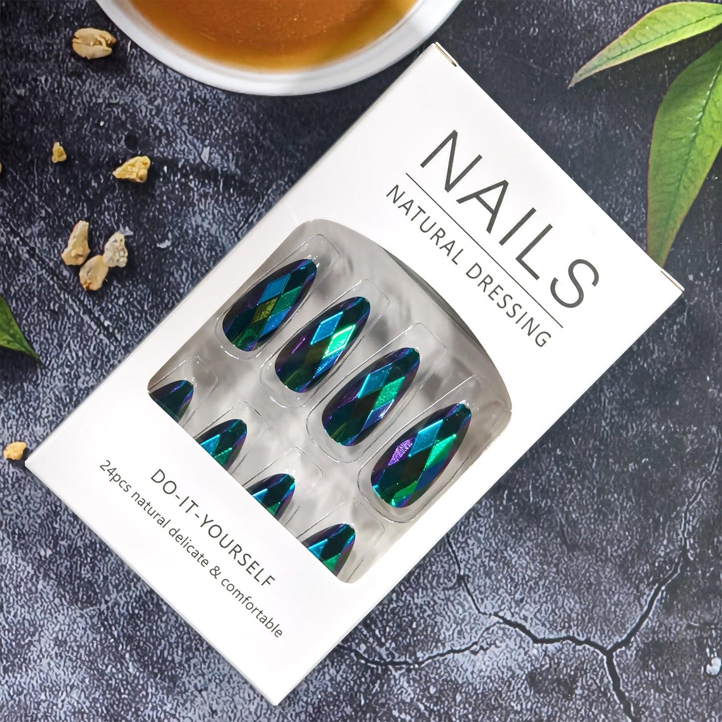 Green Press on Nails Medium Length Artificial Acrylic 3D Gradient Rainbow Diamond-Shaped Electroplating Fake Nails Almond Chrome Full Cover Glossy Press Ons Artificial Fingernails for Women Manicure