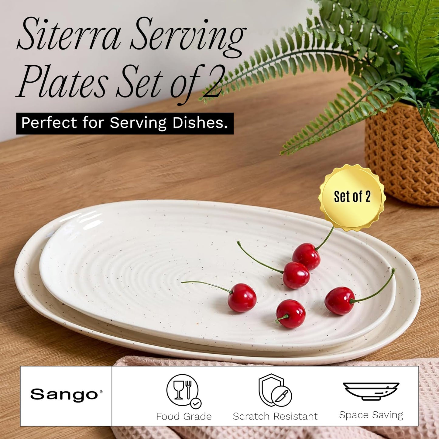 SANGO Siterra 2-Piece Speckled Stoneware Serving Platter Set- Large & Medium Ceramic Platters with Glossy Rustic Glaze for Kitchen, White Serving Dishes for Entertaining, Microwave and Dishwasher Safe