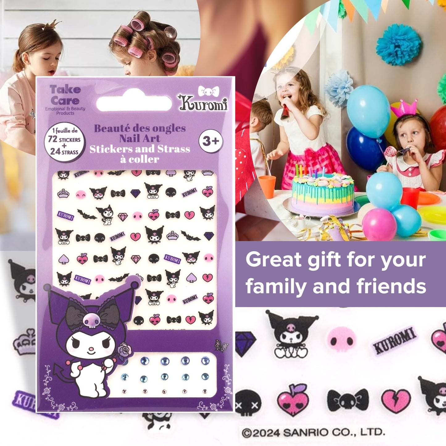 Kuromi Nail Stickers – 1 Sheet with 72 Stickers + 24 Rhinestones – Self-Adhesive Nail Art for Girls – Fun Activity & Gift Idea for Birthdays, Crafts, Party Bags and Playdates