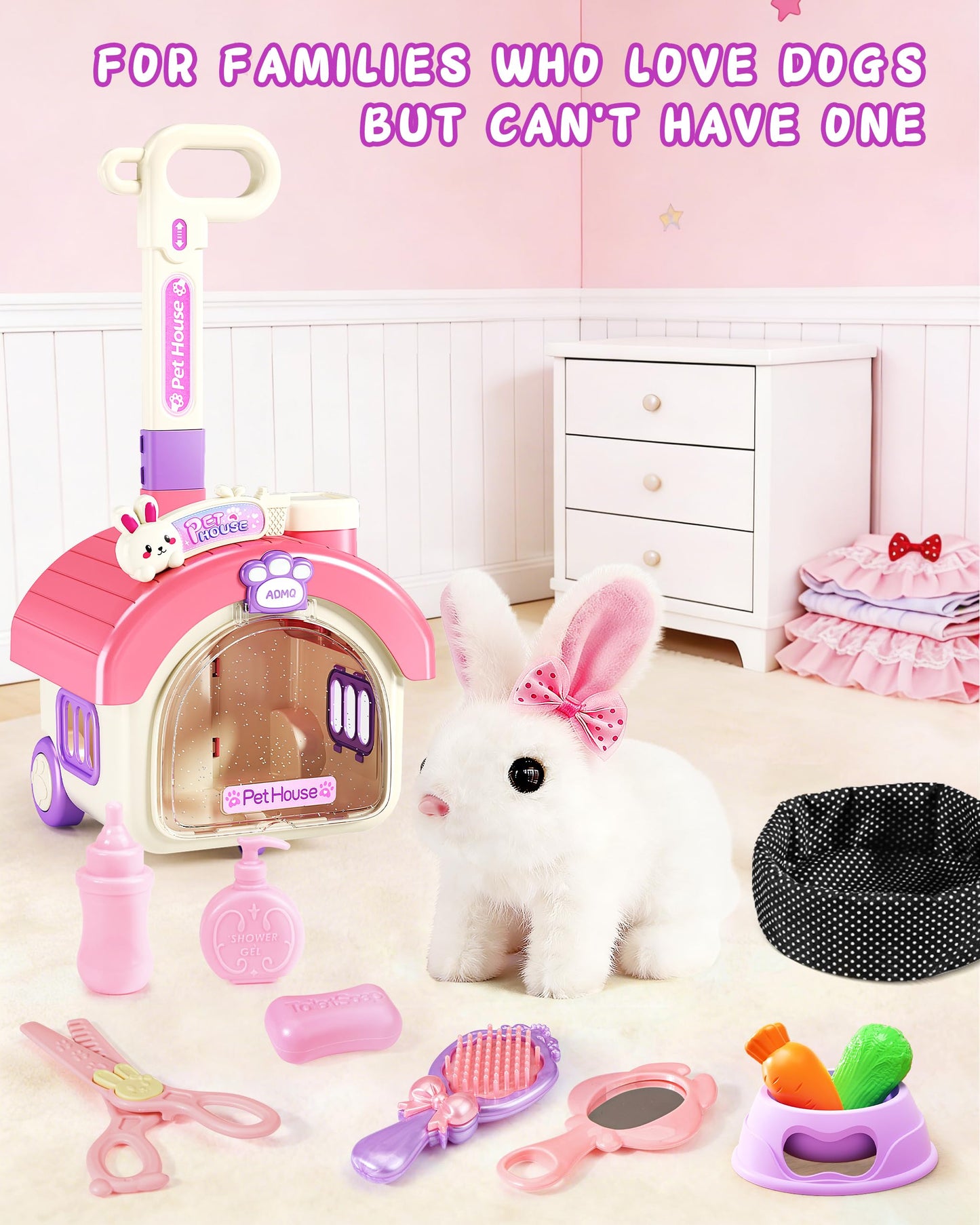 23Pcs Hopping Bunny Toy Set for Kids, Interactive Electric Walking Rabbit with Rolling Carrier House, Pretend Play Pet Care Grooming & Feeding Kit, Stuffed Animal Gift for Toddlers 3-5