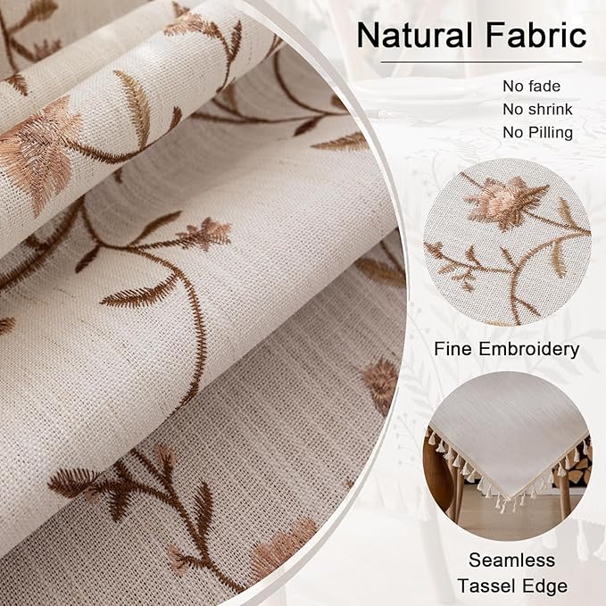 Joyfol Day Linen Waterproof Tablecloth with Tassels, Rustic Farmhouse Flowers Embroidery Table Cloths for Rectangle Tables, Heavy Weight Spill-Proof Table Covers, Coffee Florals, 55''x 102''