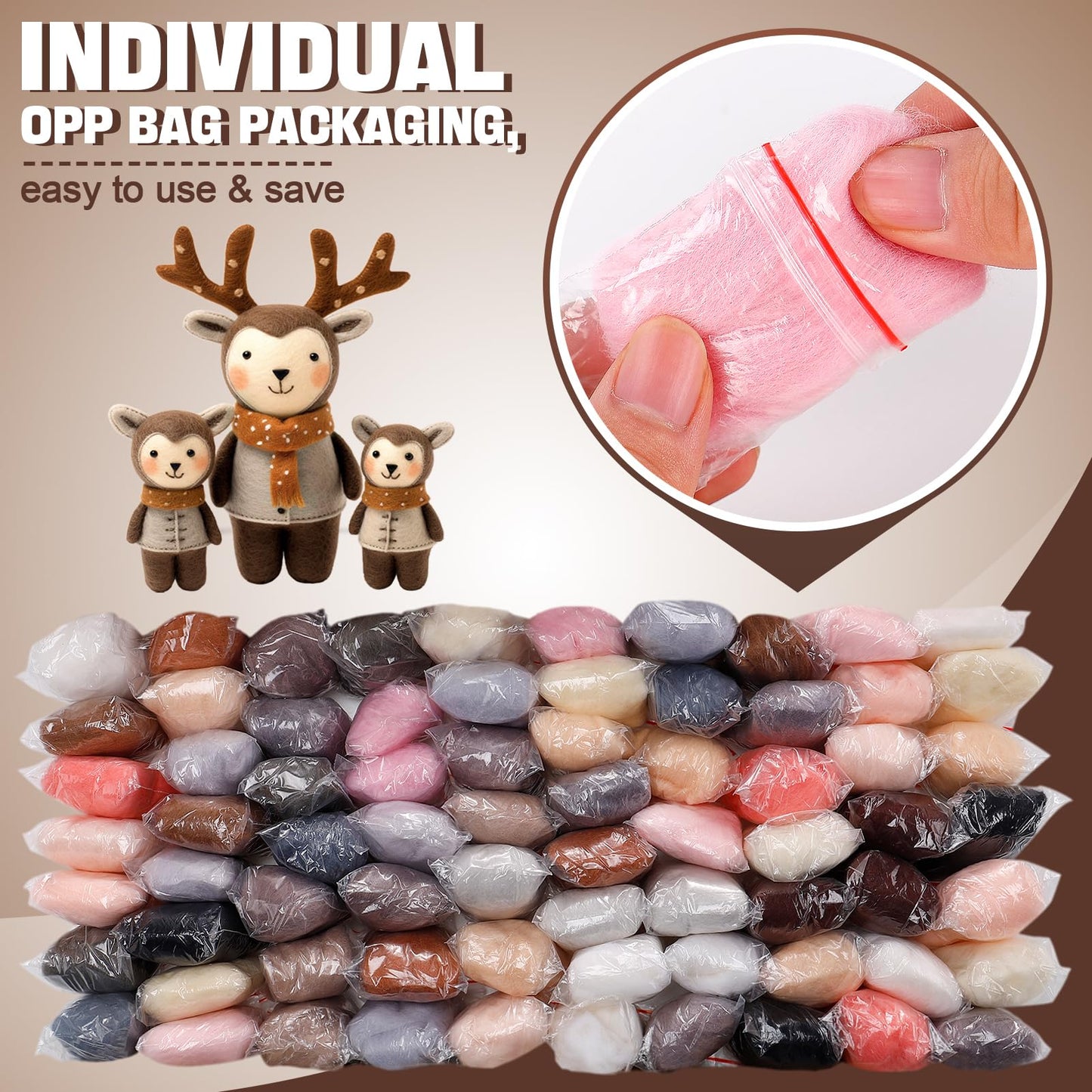 72pcs 7.6 oz Needle Felting Wool- 24 Colors Nature Wool Roving Yarn for Beginners Hand Spinning Felting Supplies, 3g/Pack