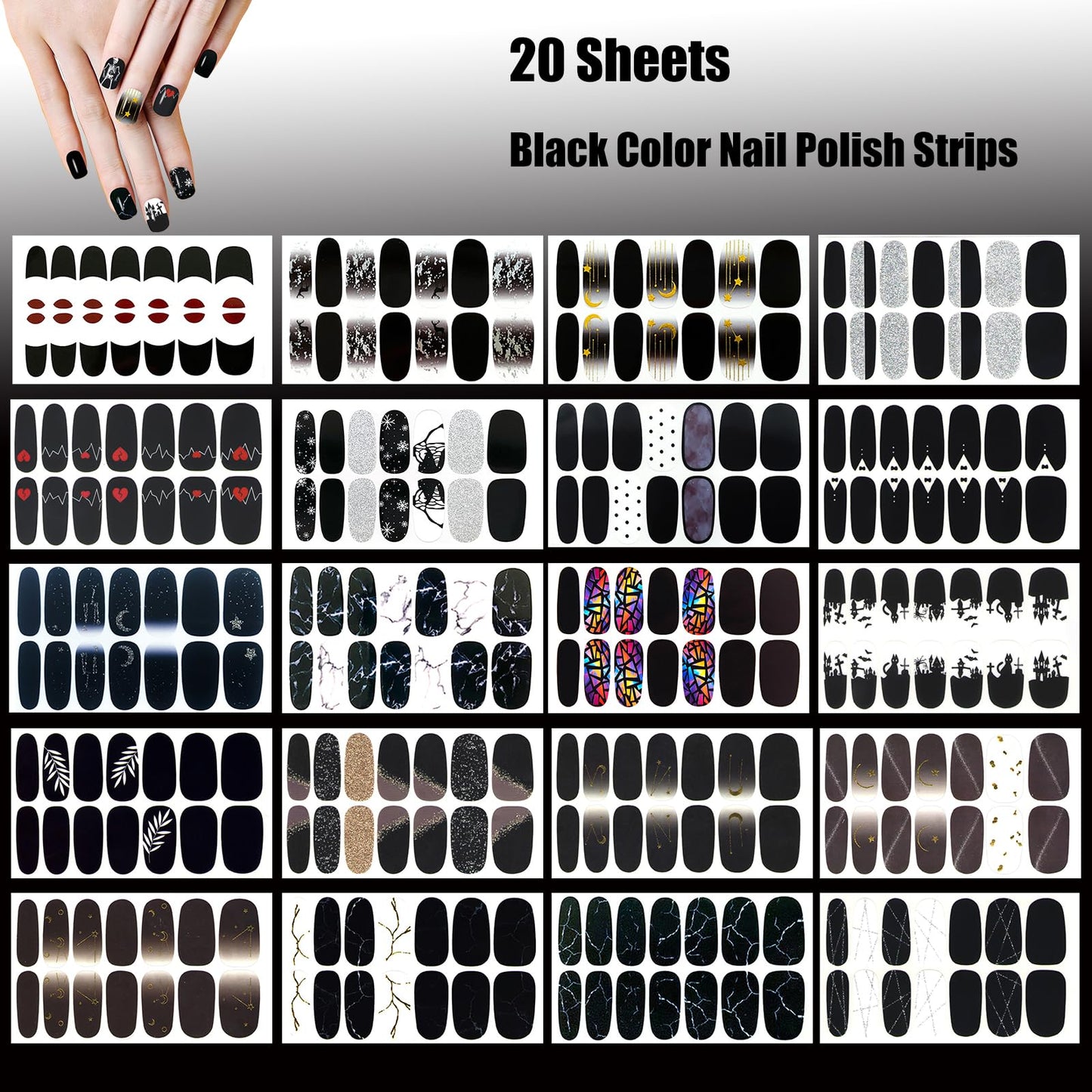 JERCLITY 20 Sheets Black Halloween Nail Polish Strips Black White Heart Snowflake Star Moon Marbled Pattern Gel Nail Strips Black Nail Stickers Full Wraps for Women