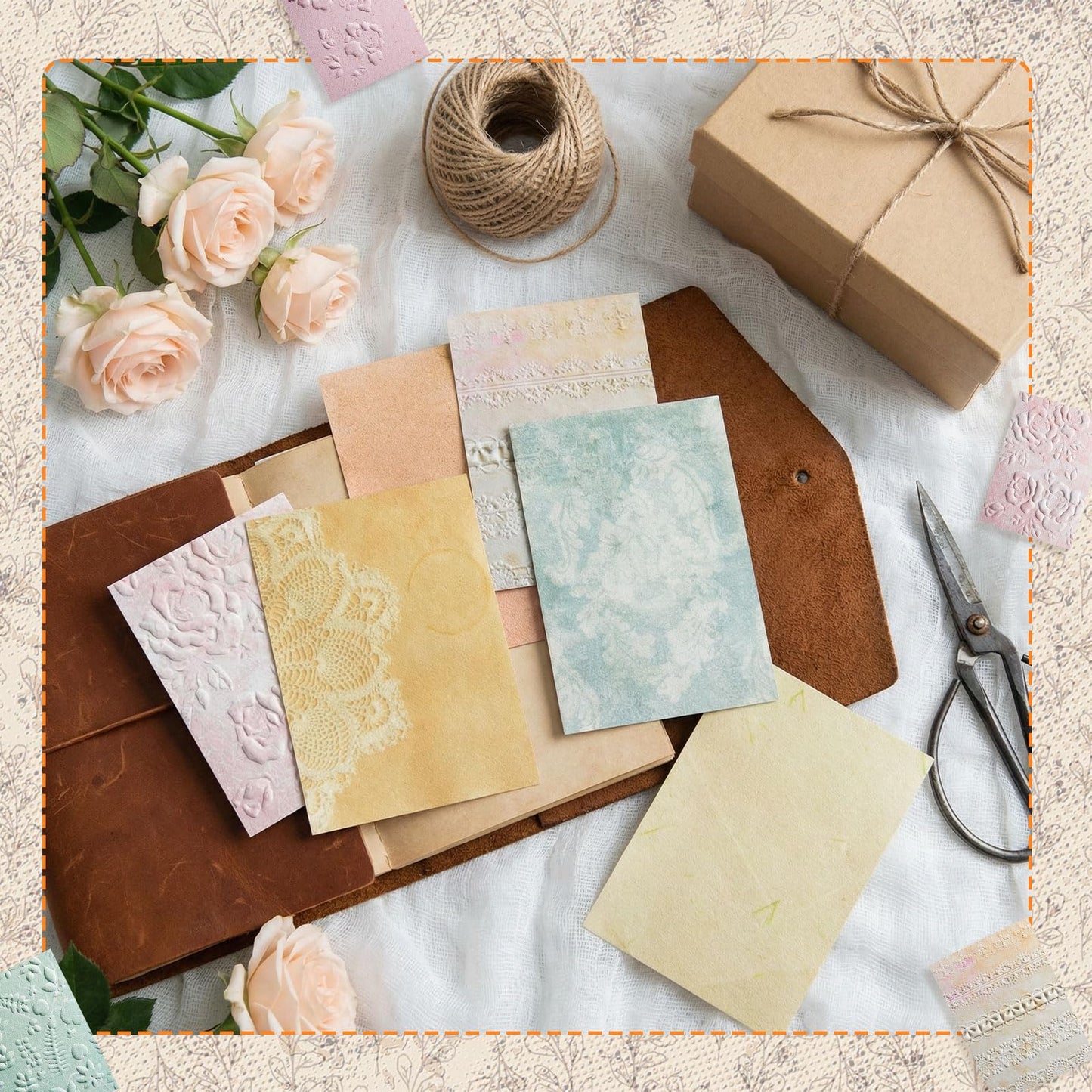 Humyoun 150 Sheets Textured Scrapbook Paper with 6 Styles, 2 Size Decoupage Scrapbooking Supplies Rice Paper for Craft Junk Journal Supplies, Card Making, Collage Kit