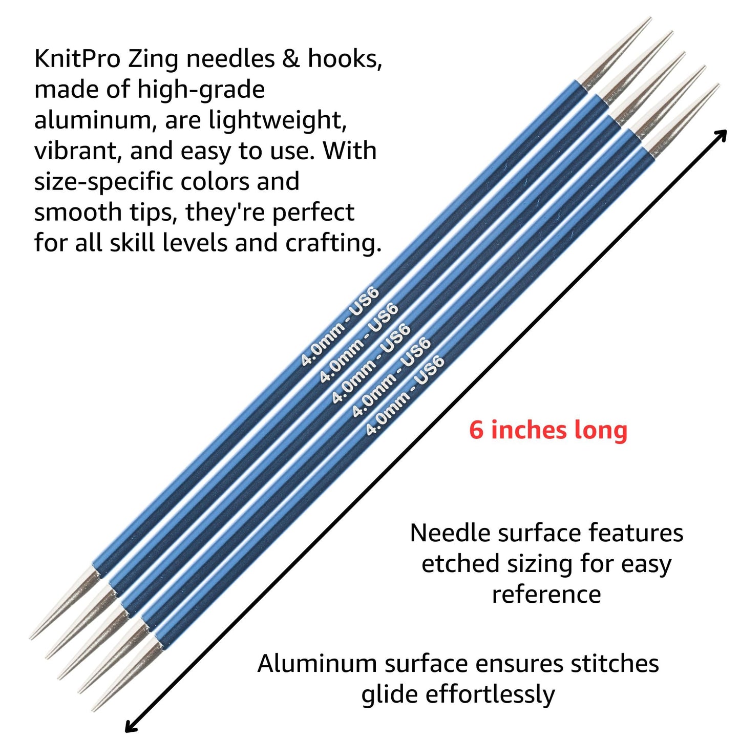 KnitPro Zing Deluxe Set 6 inch DPN Double Pointed Knitting Needles Size 0, 1, 1.5, 2, 2.5, 3, 4, 5, 6 with Fabric Case with Project Bag
