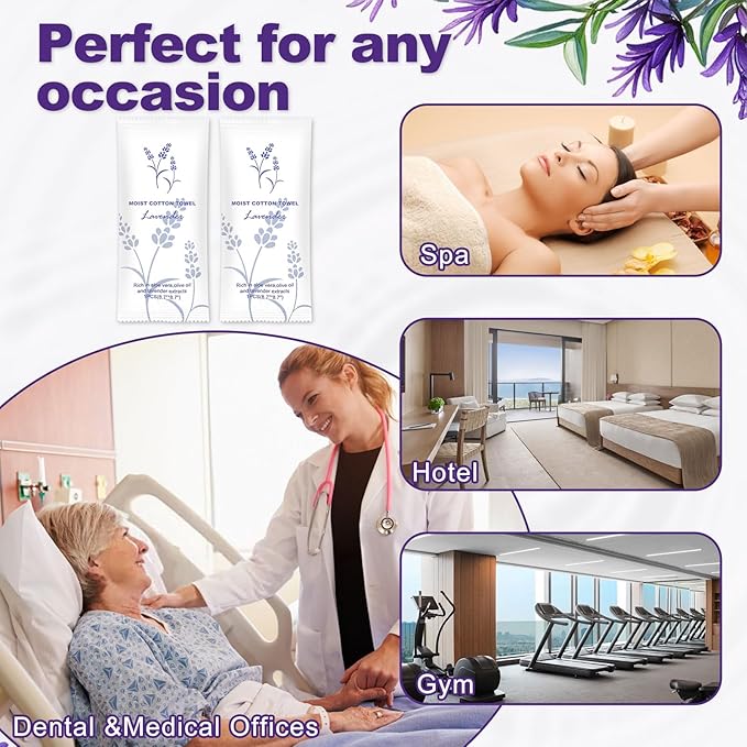 Moist Cotton Towel Bulk Moist Towelettes Individually Wrapped,White Towel Services,Refreshment Pre Moistened Towels for Dentist Travel Sport Party Hotel 400,Lavender