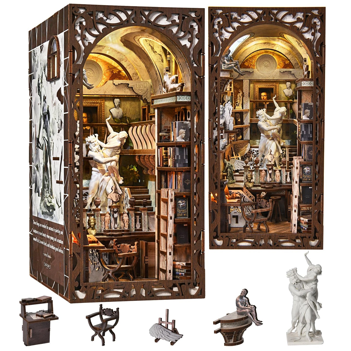 CCCDF DIY Book Nook Library Kit, Miniature Dollhouse Booknook Kit, 3D Wooden Puzzle Bookend Bookshelf with LED Light for Teens and Adults (Bernini's Sculpture Workshop)