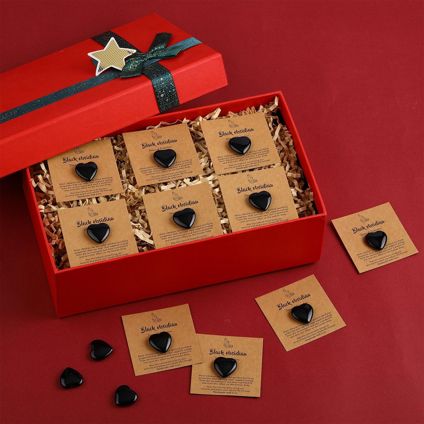 YooNotee 32 Pack Black Obsidian Heart Stone Gift Sets Bulk 0.8 Inch 16 Pcs Crystal Gemstone Crystals Rock with 16 Pcs Cards for Men Women