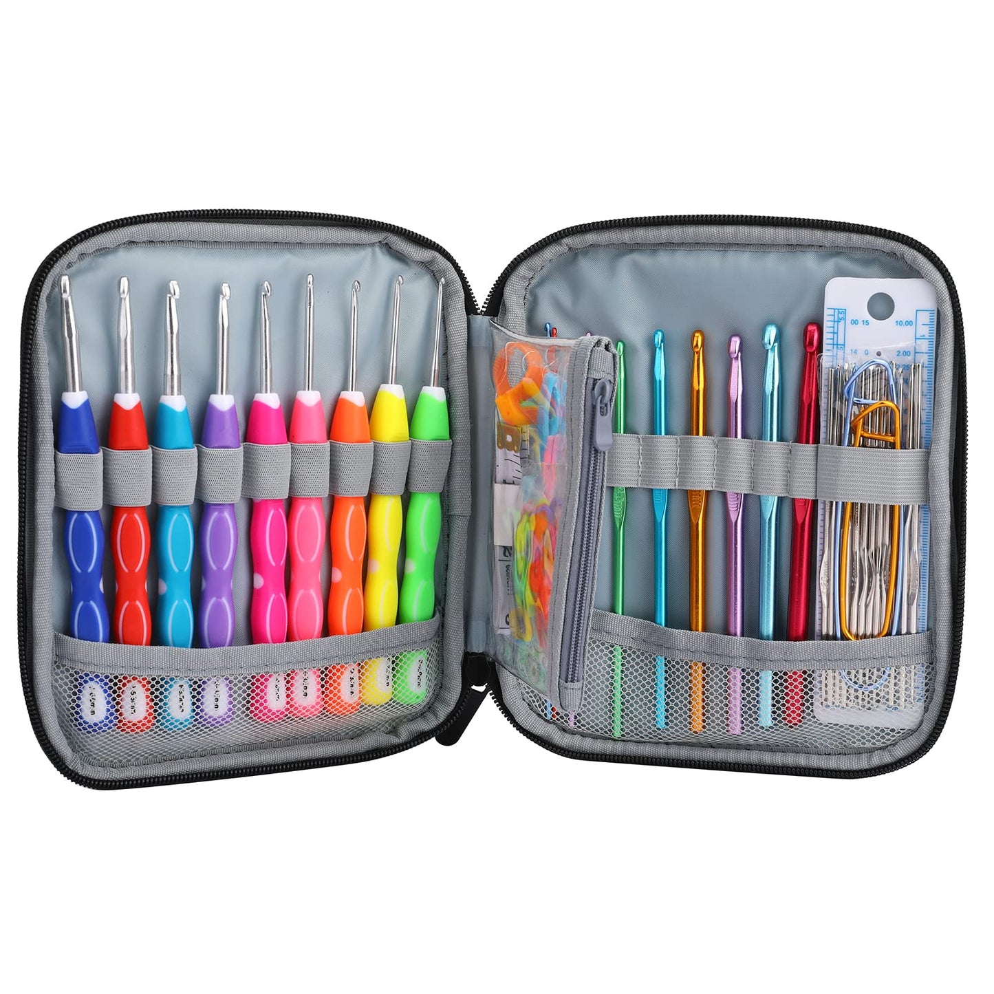 LOOEN Crochet Hooks Set-Yarn Needles Coloured Aluminum with Storage Case Rubbery Handle Ergonomic Comfort Grip DIY Craft Handmake Kit 64pcs