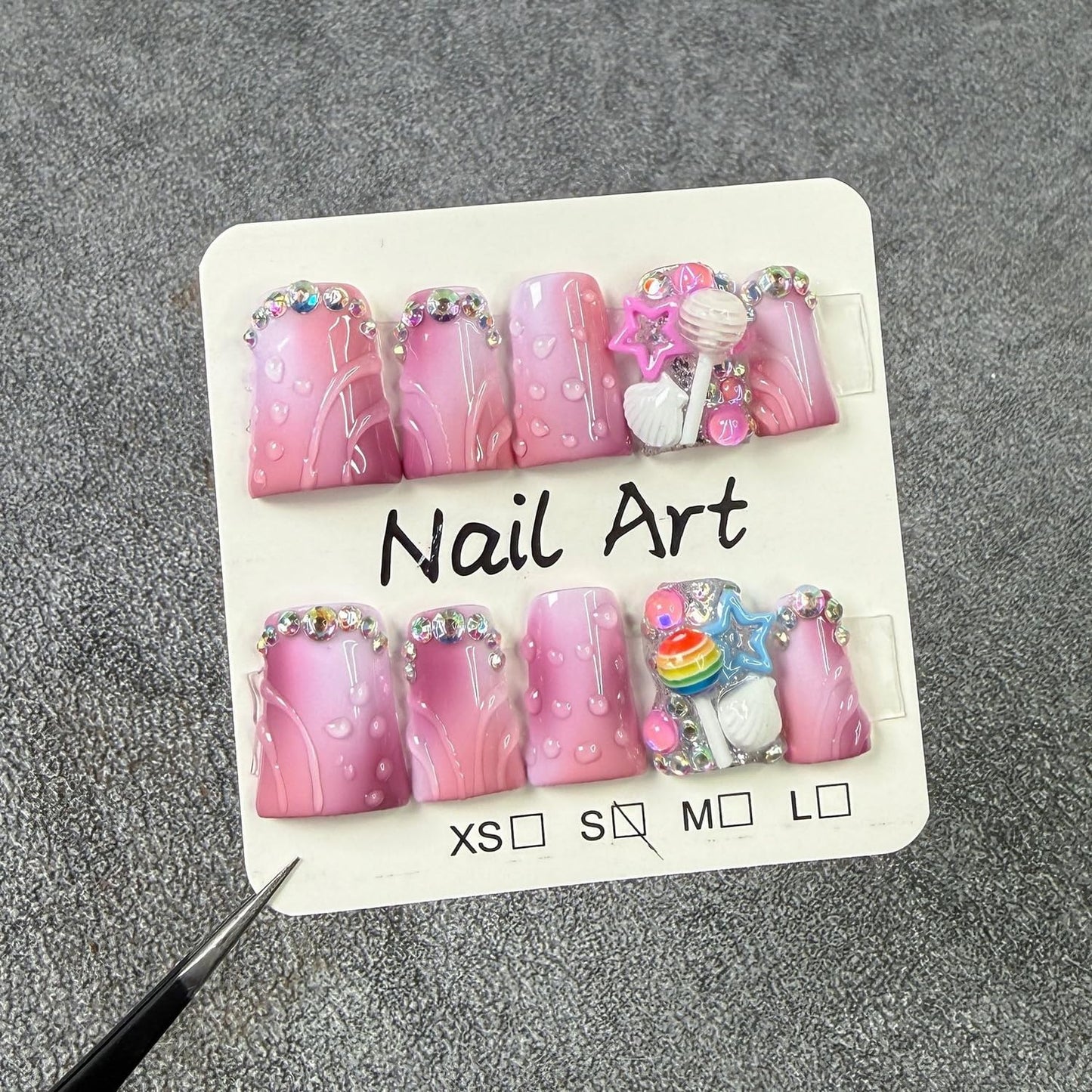 Duck Press on Nails Handmade Fake Nails Short False Nail 3D Lollipop and Stars Designs Luxury Rhinestones Artificial Nail Pink White Gradient Stick on Nails Water Droplet False Nail for Women（M)