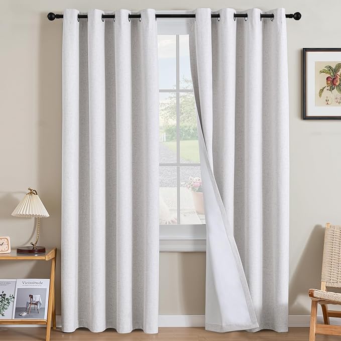 H.VERSAILTEX Linen Curtains 100% Blackout Curtains for Bedroom 84 inch Long Full Light Blocking Nature Linen Blended Window Curtains for Living Room Nickel Grommet (2 Panels, Heathered White)