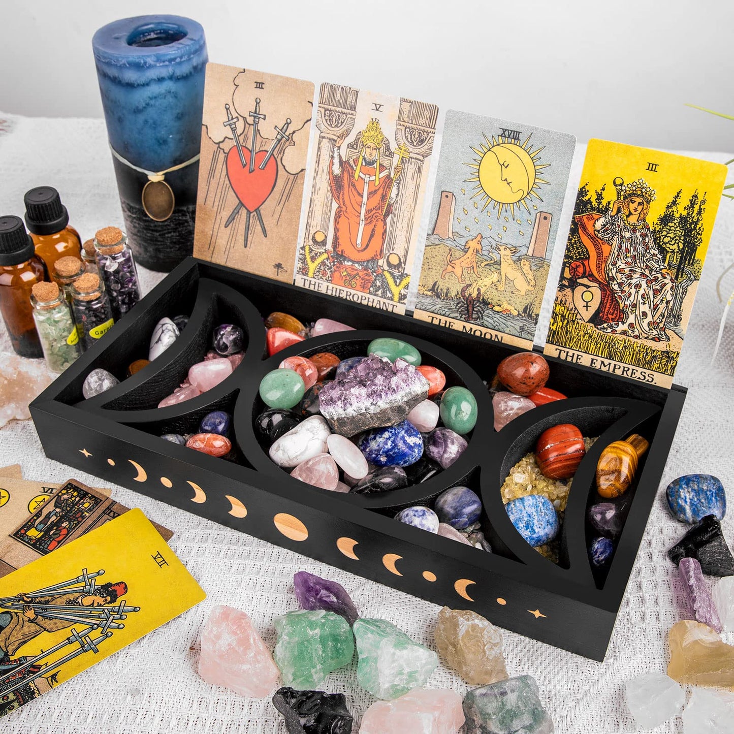 Mooncraftlogy Crystal Tray for Stones, Triple Moon Gemstone Holder Box, 3 Tarot Card Stand for Affirmation Cards, Wicca Display, Detachable Rocks, Essential Oil Organizer, Witch Altar Gift (Black)