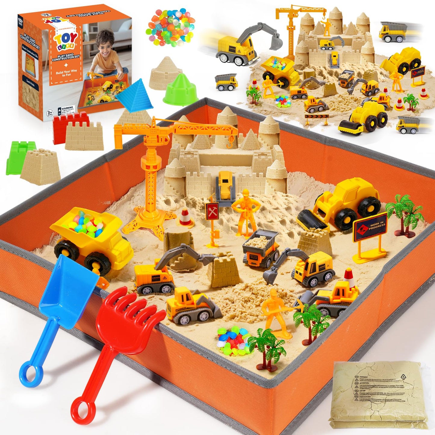 TOY Life 38 Pcs Sand Construction Kit with Big Foldable Sandbox with 2.2Ibs Magic Sand, Trucks, Castle Molds & Beach-Side Mat – Indoor Sandbox Toy Construction Sensory Bins for Toddlers