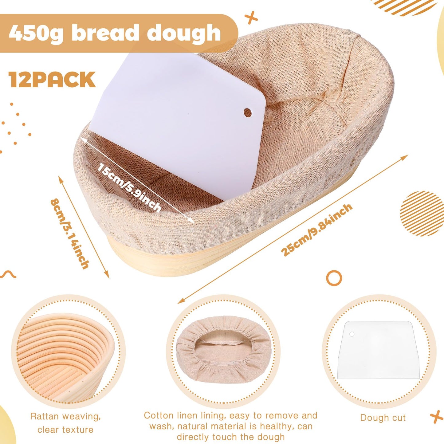Gejoy 12 Set Bread Proofing Baskets Oval Shaped Banneton Dough Proofing Bowls Kit with Cloth Liner and Plastic Scraper Sourdough Proofing Basket for Home Sourdough Bakers Supplies (10 Inch)