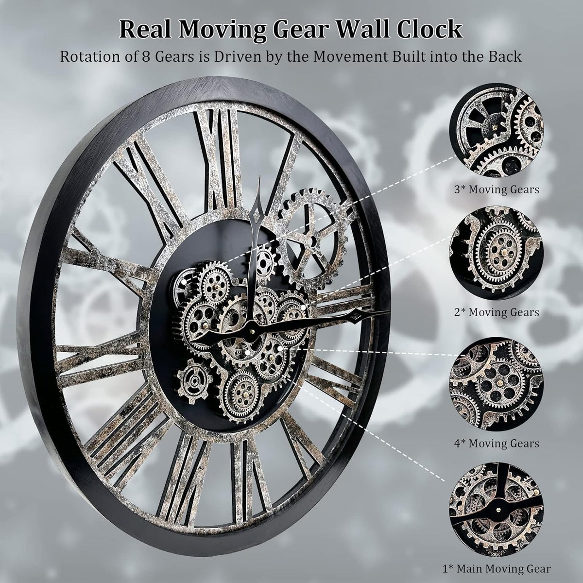 Large Wall Clock, Clocks for Living Room Decor Oversized 30 Inch Wall Decor Farmhouse Vintage Rustic Industrial Roman Big Chic Home Decor Wall Clock for House Bedroom Office, Moving Gears Clock