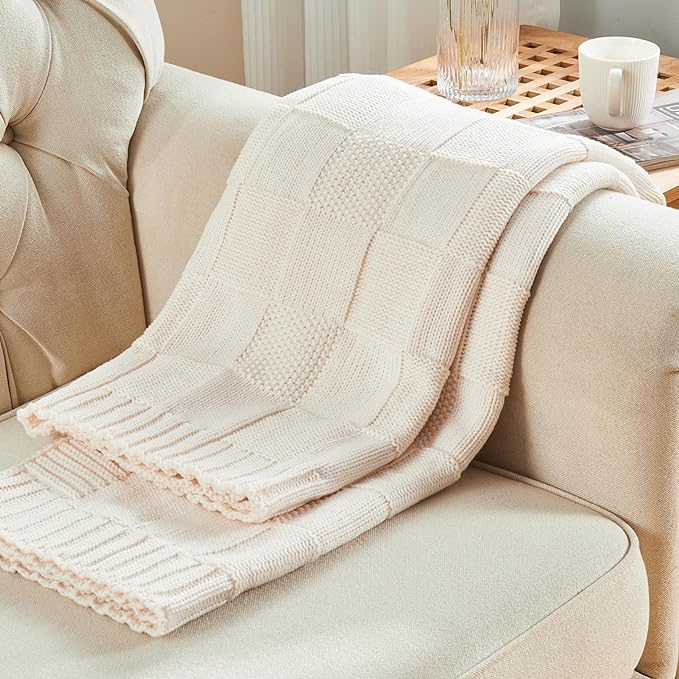 CozeCube Check Knit Throw Blanket, Cream White Checkered Throw for Couch, Decorative Christmas Soft Cozy Warm Knitted Blanket for Bed Sofa Living Room, 50"X60"