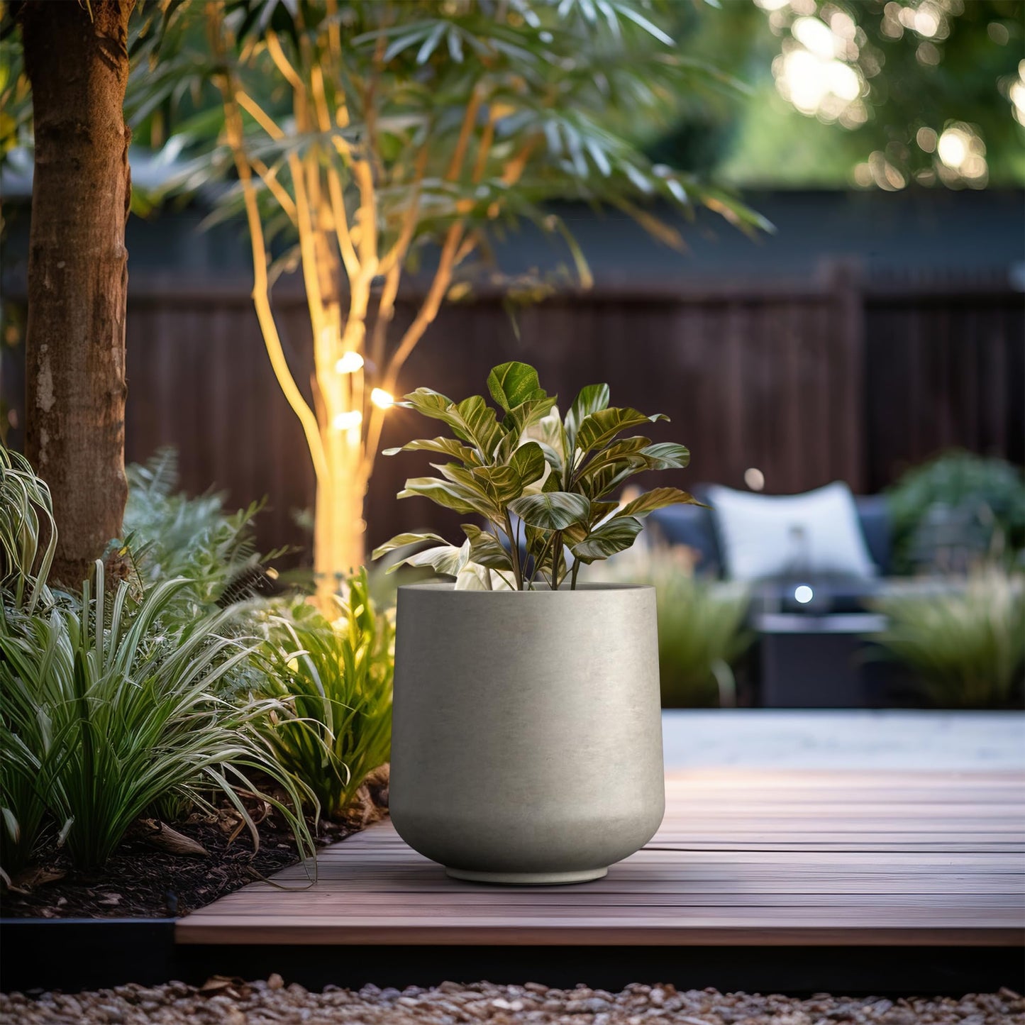 Kante 15.3" Dia Round Concrete Planter, Outdoor Indoor Large Plant Pots Containers with Drainage Hole and Rubber Plug for Home Garden Patio, Buff Concrete