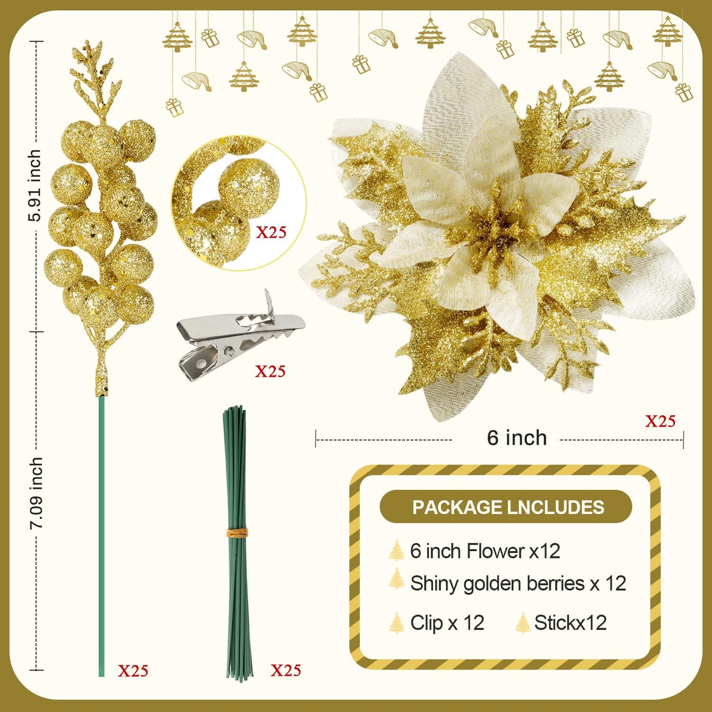 trytuny 50pcs Glitter Poinsettia Christmas Ornaments, Artificial Flowers with Clips Stems for DIY Wreath Making, Holiday Home Party Decorations, Indoor Use (Gold)