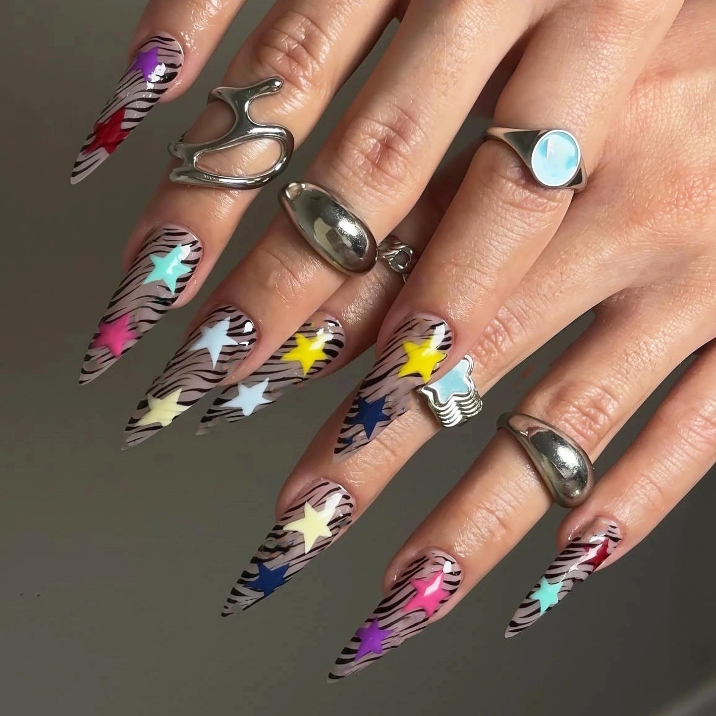 MERVF Long Stiletto Press on Nails - Colorful Star Fake Acrylic Nails, Tiger Animal Print Design Almond Summer 24pcs Glossy