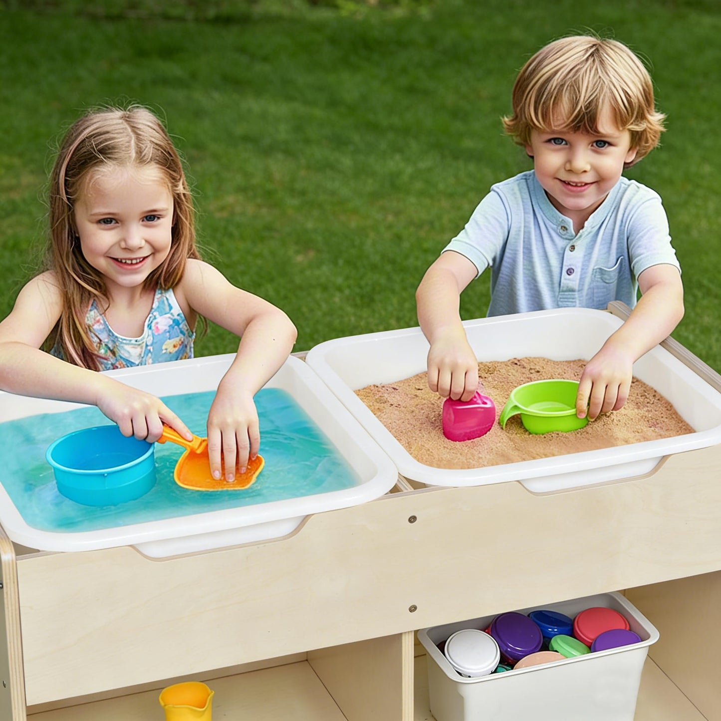 Bolocon Sand and Water Activity Table for Kids, Sensory Table w/Dual Deep Sand/Water Bins & 2 Bottom Storage Compartment & Lockable Casters, Indoor/Outdoor Activity Play